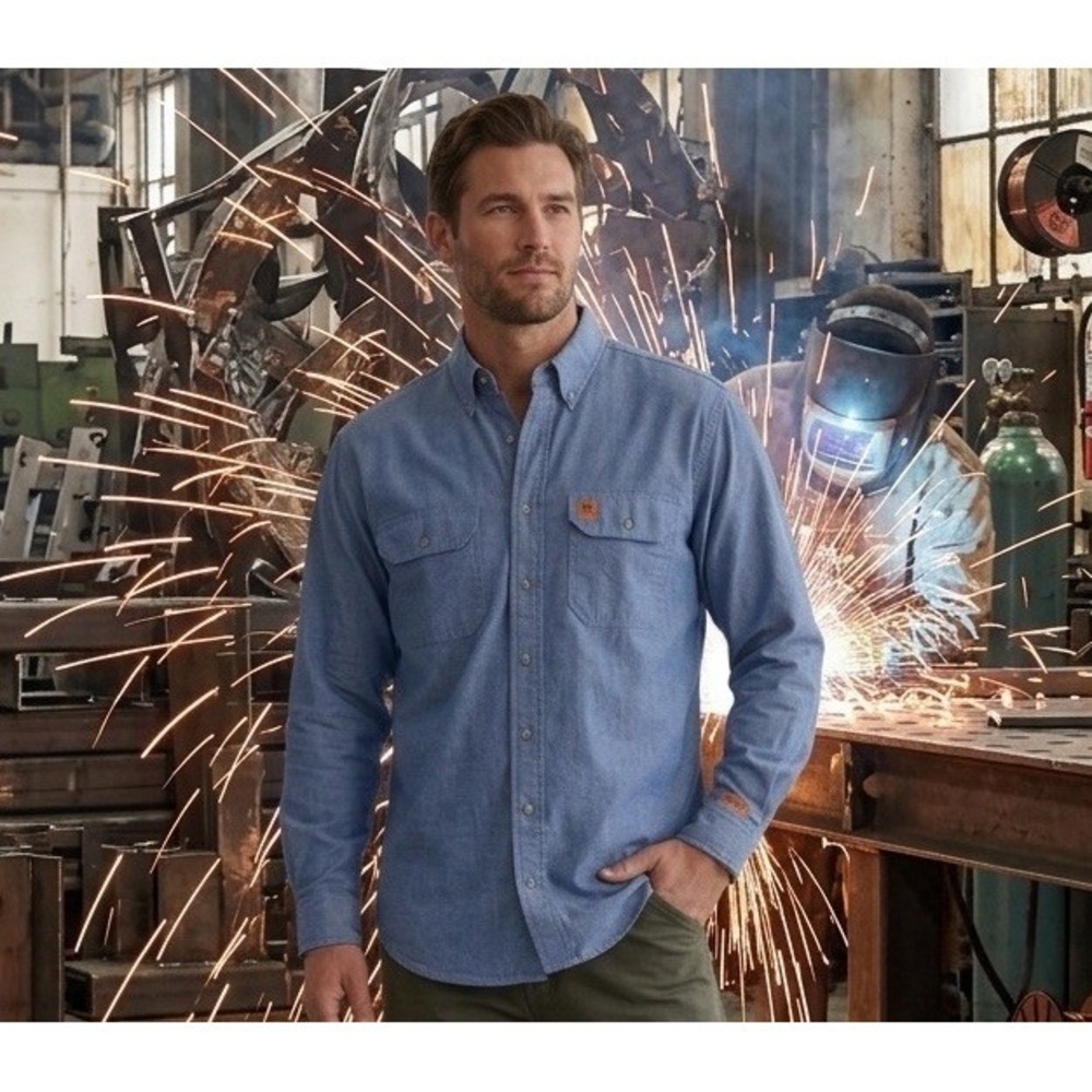 Wrangler FR Riggs Workwear Shirt Mens XLT Blue Denim Flame Resistant Long Sleeve